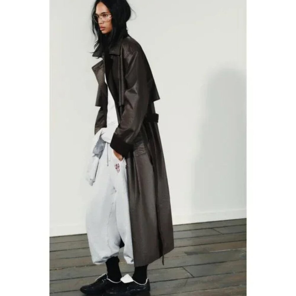 ZARA LONG WAXED TRENCH COAT WITH CORDUROY CUFFS - Picture 3 of 10